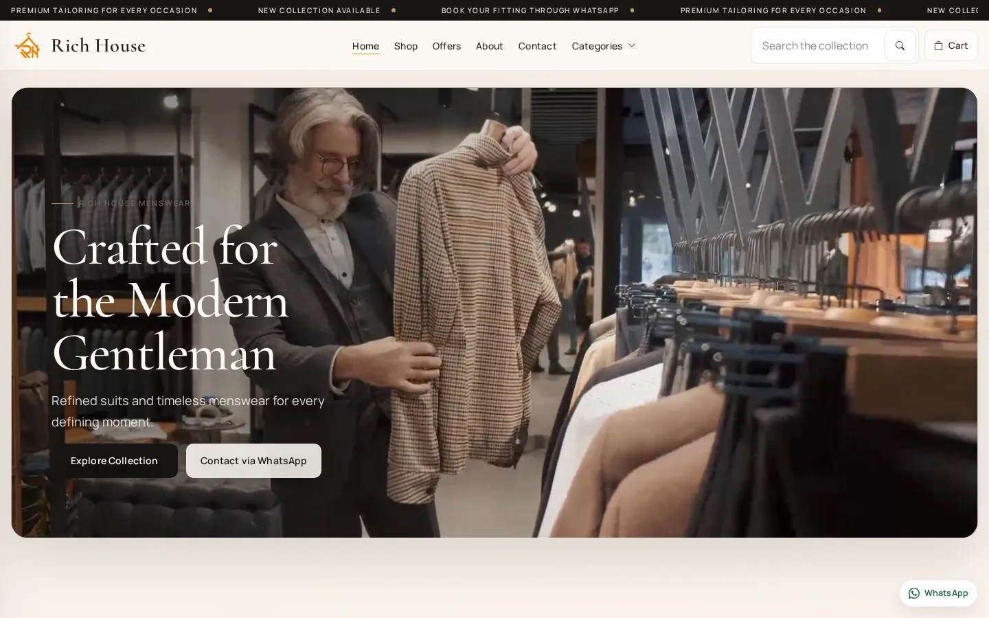Rich House homepage: a tailor holding a checked blazer in a menswear store, beside the headline Crafted for the Modern Gentleman.