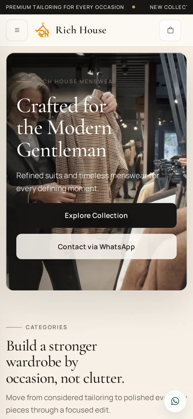 Rich House homepage on a phone, with a stacked headline and full-width buttons for the collection and WhatsApp.