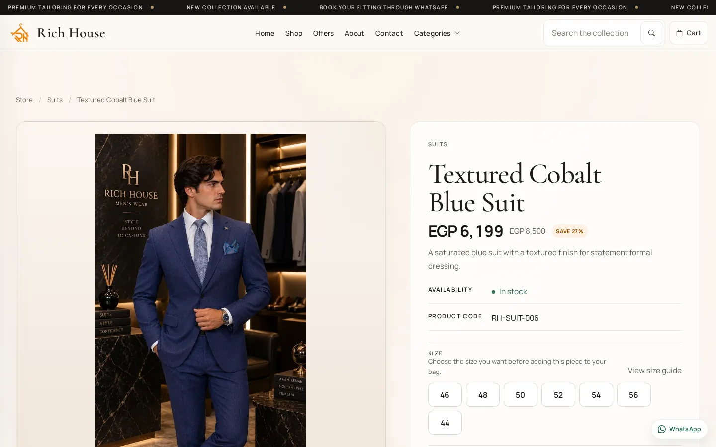 Rich House product page for a textured cobalt blue suit, showing price, discount, availability, product code and size options.