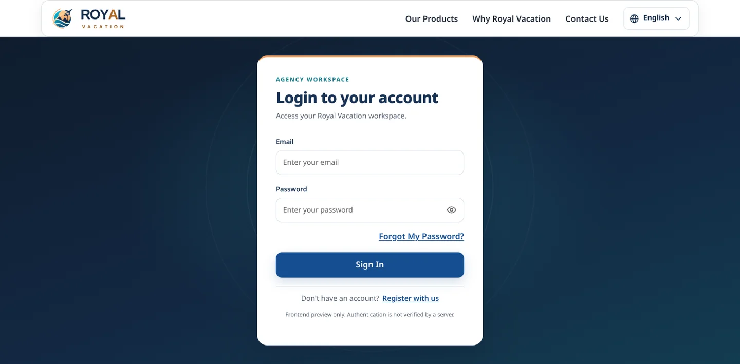 Royal Vacation sign-in page for the agency workspace, with empty email and password fields and a note that this is a frontend preview.