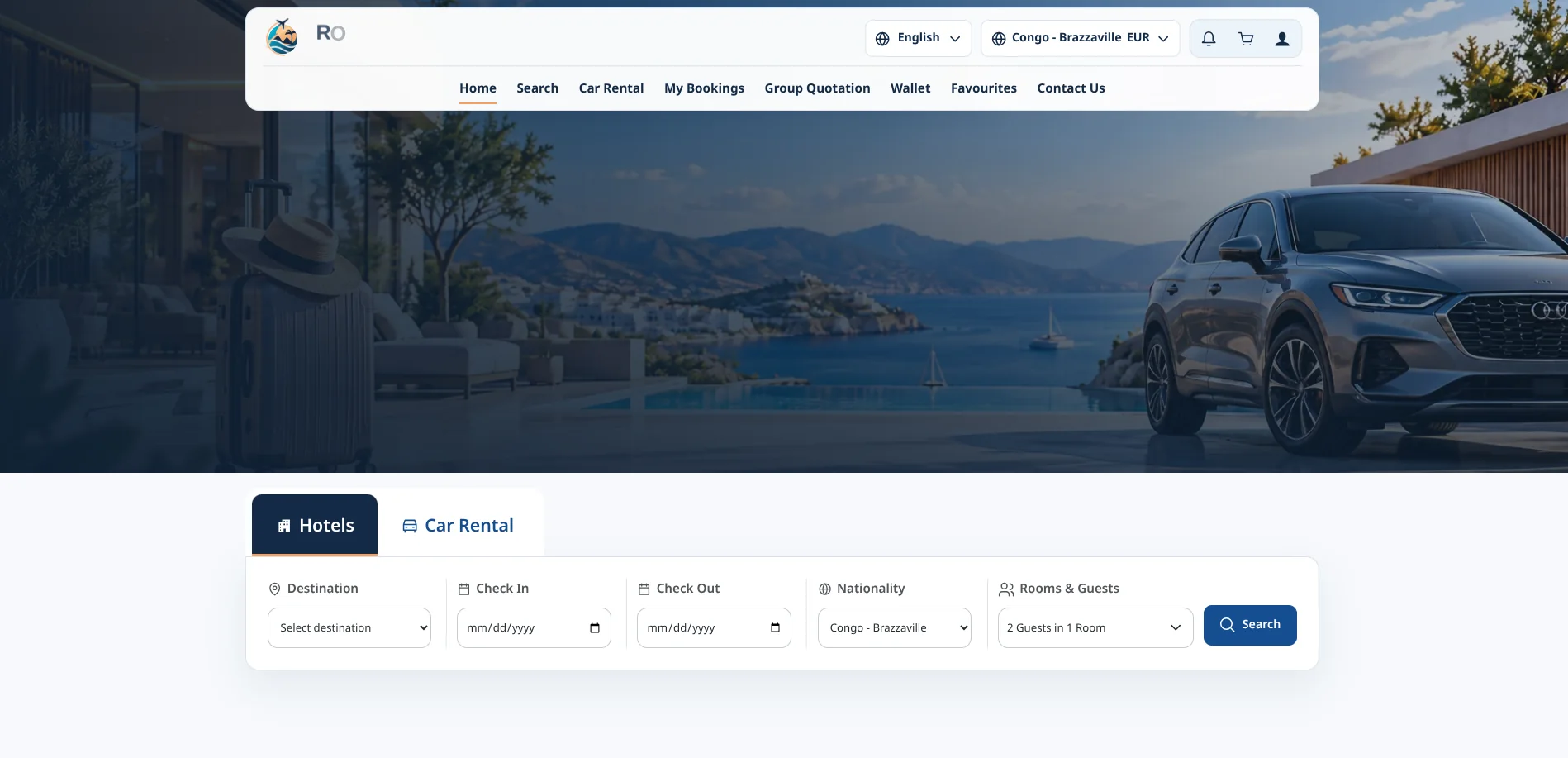 Royal Vacation home screen: a coastal hotel and car hero image above a search panel with Hotels and Car Rental tabs and fields for destination, dates, nationality, and rooms and guests.
