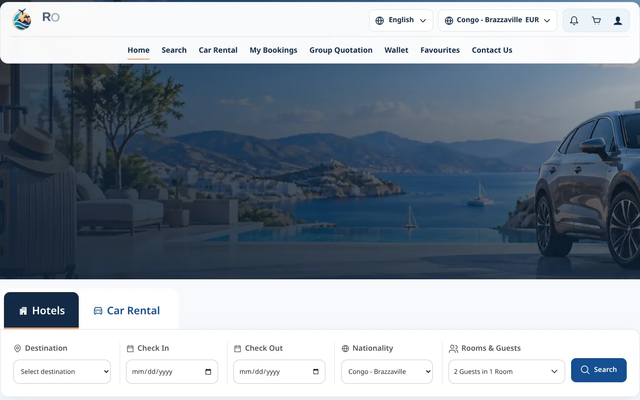 Royal Vacation home screen with navigation, a coastal hero image and a hotel search panel.
